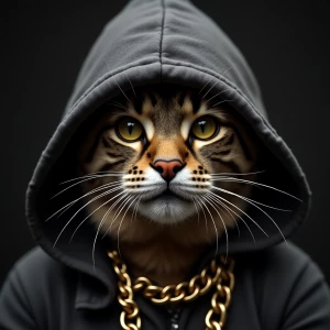 gangsta rapper cat in a hood, with golden chain, with a slight s...