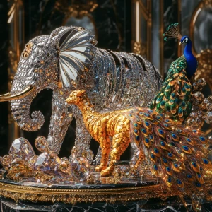 A hyper-realistic 3D image of a crystal elephant with delicate 2...