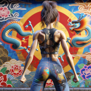 Athletic Thin skinny Attractive, Asian teenage girl, long brown hair and bangs, wearing tight skinny jeans and a halter top paint marks on her clothing, heroic pose Asian graffiti background, backside view