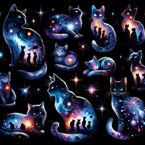 A black background with watercolor designs scattered around, sca...