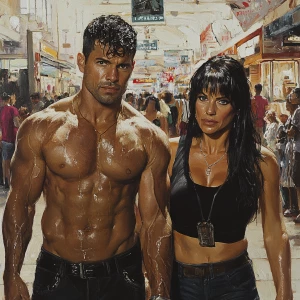 Realism painting style,A muscular man, glistening with sweat, wa...