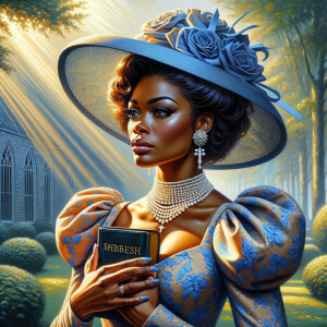 Render an airbrush oil painting of an African American woman with flawless makeup in a
contemplative pose, holding a Bible close to her heart, dressed in an elegant Sunday Best
outfit with a distinctive Church Hat. The background features a peaceful church garden,
with light filtering through the trees, highlighting her spiritual connection and the personal
moment of reflection. The artwork should capture the tranquility of the scene, the beauty
of her attire, and the depth of her contemplation, reflecting a serene and spiritually