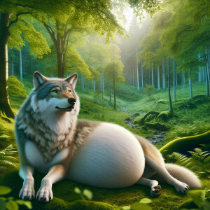 Create an image of a heavily pregnant wolf resting in a serene f...