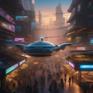 A high-tech marketplace in a sprawling urban environment, where vendors sell advanced gadgets and cybernetic implants from stalls illuminated by floating holographic signs. In the background, a massive transport drone hovers over the city, casting long shadows across the crowded streets below