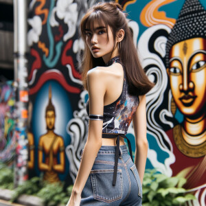 Attractive, Asian teenage girl, long brown hair and bangs, wearing tight skinny jeans and a halter top paint marks on her clothing, backside view heroic pose Asian graffiti