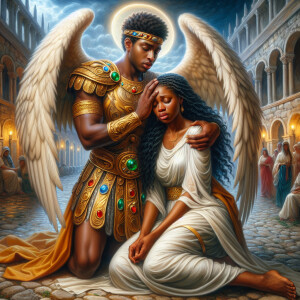 Create an oil painting image featuring a male angel and a grievi...
