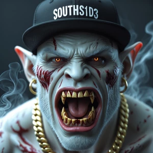 Generate an image of a menacing white goblin's face in close-up...