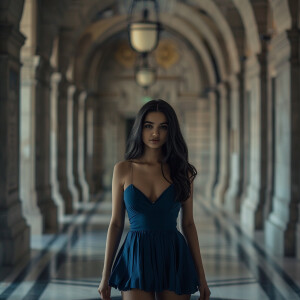 Fair-skinned woman with dark long hair, elegant and composed, ca...