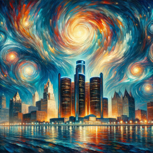 Painting of Detroit skyline in the style of starry night