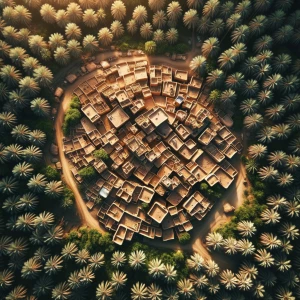 Creating a Khaybar village with an aerial view surrounded by pal...