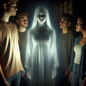 Two girls and two guys are standing in a dark room and talking t...