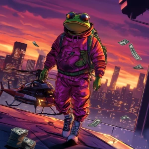 Iconic PEPE the Frog with a sly smirk and expressive cartoonish...