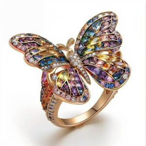 Exquisite butterfly ring adorned with colorful shimmering diamon...