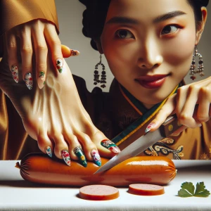 A Chinese beauty, barefoot, with beautiful nail polish on her to...