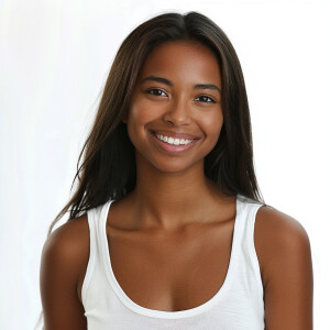 A cute woman

Smiling 

Clothes: white tank top

Looks Clean & M...