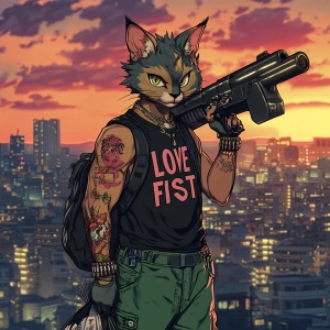 Design a humanoid cat character in a dynamic video game art styl...