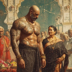 Hyperrealism art .a muscular beefy sweaty tattoed indian man enj...