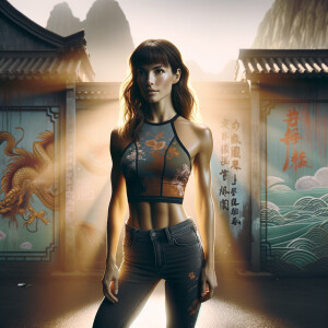 Athletic Thin skinny Attractive, Asian teenage girl, long brown hair and bangs, wearing tight skinny jeans and a halter top paint marks on her clothing, heroic pose Asian graffiti background, backside view