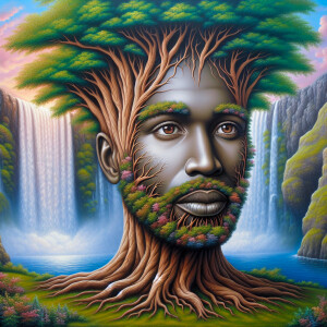 A hyper-realistic 3-D oil painting depicting a tree integrated w...