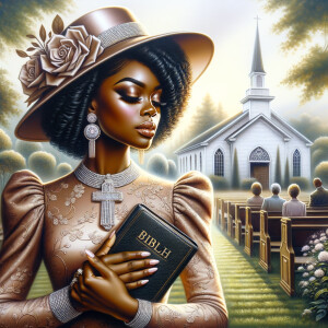 Render an airbrush oil painting of an African American woman with flawless makeup in a
contemplative pose, holding a Bible close to her heart, dressed in an elegant Sunday Best
outfit with a distinctive Church Hat. The background features a peaceful church garden,
with light filtering through the trees, highlighting her spiritual connection and the personal
moment of reflection. The artwork should capture the tranquility of the scene, the beauty
of her attire, and the depth of her contemplation, reflecting a serene and spiritually