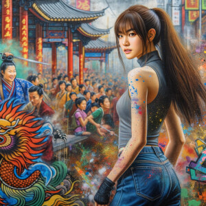 Attractive, Asian teenage girl, long brown hair and bangs, wearing tight skinny jeans and a halter top paint marks on her clothing, backside view heroic pose Asian graffiti