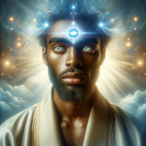 Create a beautiful African-American Jesus Christ with Hazel, brown eyes and blue and gold robe