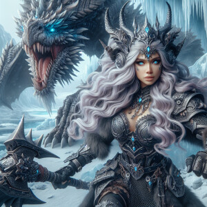 A beautiful huntress from the “Monster Hunter” series with dark...