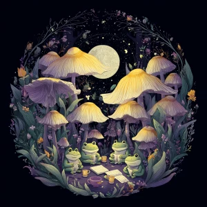 Detailed nighttime forest scene: a circle of mushrooms glowing u...