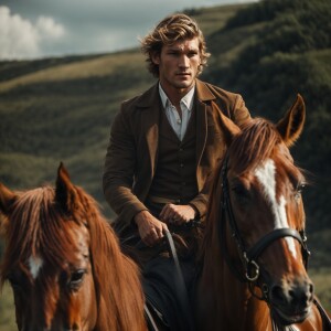 Alex Pettyfer riding a horse, look to the front, cool scene, cin...