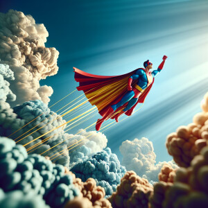 A super hero flying in the air with clouds
Passing by