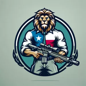 muscular lion with texas flag shirt shooting a rifle