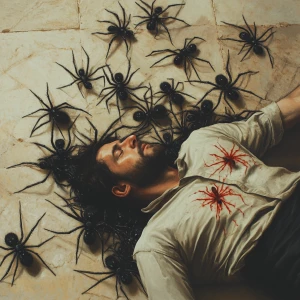 A man lying on the floor with hundreds of black spiders with red...