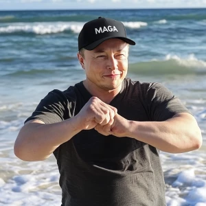 Elon Musk,practicing Kung-Fu on the beach, black "MAGA" ball cap...