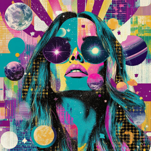 Vector-style portrait of a celestial goddess, long flowing hair...