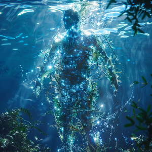 Vivid animation of sea moss underwater, glowing and releasing en...