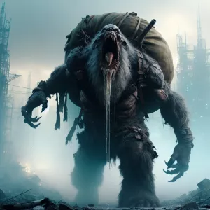 Krampus stealing children in a sci fi post apocalypse world. He...