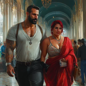 realism art style.A sweaty beefy man walking with his 54 year ol...