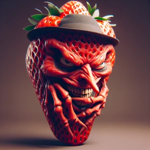 Anthropomorphic strawberry with an exaggerated sinister menacing...