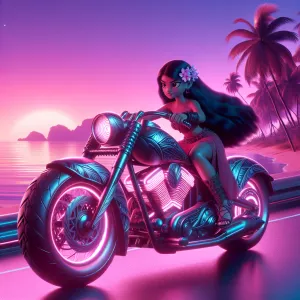Create an image of the character Moana riding a motorcycle with...