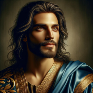 Create a beautiful African-American Jesus Christ with Hazel, brown eyes and blue and gold robe