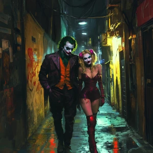 Heath Ledger Joker, GTA art style,,He standing in a dimly lit al...