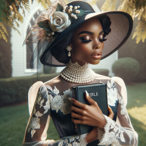 Render an airbrush oil painting of an African American woman with flawless makeup in a
contemplative pose, holding a Bible close to her heart, dressed in an elegant Sunday Best
outfit with a distinctive Church Hat. The background features a peaceful church garden,
with light filtering through the trees, highlighting her spiritual connection and the personal
moment of reflection. The artwork should capture the tranquility of the scene, the beauty
of her attire, and the depth of her contemplation, reflecting a serene and spiritually