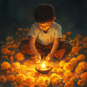 A boy illuminating a Diya surrounded by marigold flowers and fir...