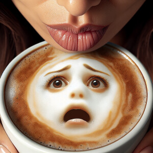 Create a photo realistic macro image of a woman taking a sip of...