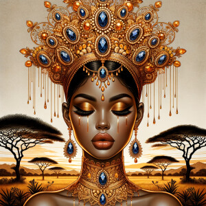 A digital illustration of a Latina woman's portrait with a luxur...