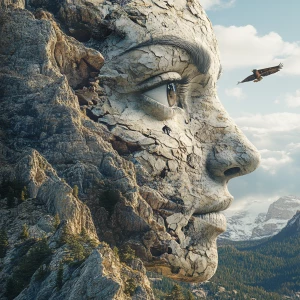 Design a 3D 8K UHD photorealistic image where a beautiful human face emerges organically from a Rocky Mountain landscape, incorporating elements of local wildlife and nature as facial features. Achieve a high level of detail and maintain a seamless, unified aesthetic throughout the composition.