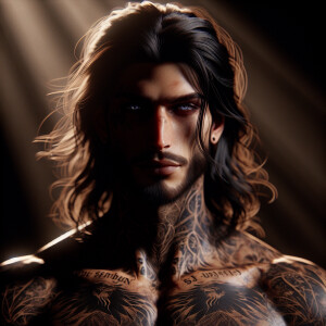 Create a detailed description of a character who is tall, muscul...