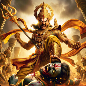 portrait of angry looking, indian goddess trampling a defeated mahishasur with her foot, while he is lying on the ground, she has a trident in her hand. She is wearing gold armor, a huge gold crown, gold saree, abundant  gold jewelry, covered in blood. The scene is set in ancient India. The image is 8K resolution, cinematic, photography, ultra detailed face and epic.