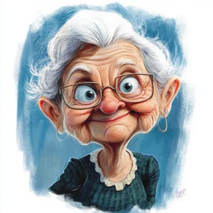 Generate a caricature illustration of an elderly woman, emphasiz...