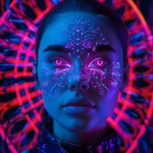 A straight-on, eye-level Cyberpunk digital portrait of a woman,...